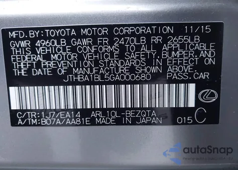 2016 Lexus Gs 200T z USA, uszkodzony, nr VIN JTHBA1BL5GA000680